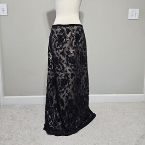 Talbots Petites Black Floral Lace Overlay Maxi Skirt Velvet Waistband Size 10P